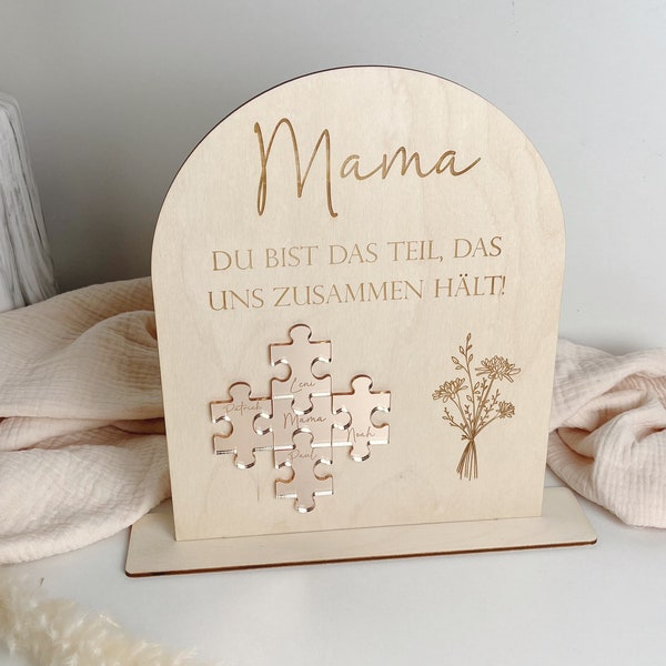 Schild Mutter Puzzle personalisierbar mit Namen - Geschenk zum Muttertag - Mama du bist das Teil, das uns zusammen hält aus Holz Rosé Gold