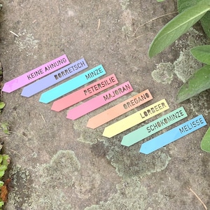 Op de afbeelding: Een verzameling kleurrijke rechthoekige tuinlabels met verschillende plantennamen. De labels liggen op een stenen oppervlak, met groene bladeren op de achtergrond. De tekst op de labels bevat namen als "OREGANO" en "MINTZE".