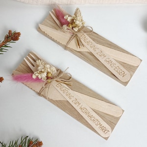 Gutschein Weihnachtsmarkt oder Gans-Essen Einladung Karte Trockenblumen Besteck Geschenk zu Weihnachten