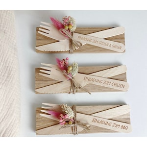 Grillen, Chillen, BBQ Gutschein Karte Trockenblumen Besteck Geschenk Mitbringsel Holz Geschenkidee Geburtstag Geldgeschenk Gravur