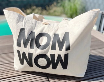 Mom Wow Mommy Bag groß Tasche Kliniktasche Strandtasche Tragetasche Handtasche Jute Mama Shopper nachhaltig Bio Baumwolle Shopper