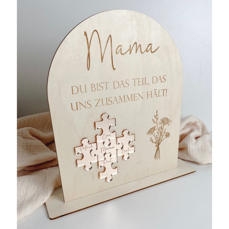 Schild Mutter Puzzle personalisierbar mit Namen Geschenk zum Muttertag Mama du bist das Teil, das uns zusammen hält aus Holz Rosé Gold Bild 2
