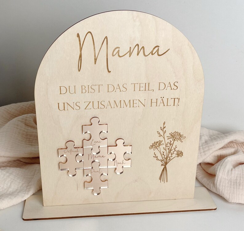 Schild Mutter Puzzle personalisierbar mit Namen Geschenk zum Muttertag Mama du bist das Teil, das uns zusammen hält aus Holz Rosé Gold Bild 7