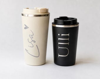 Gepersonaliseerde thermobeker met naam, aangepaste tekst, koffiebeker voor onderweg, beige of zwart, 350 ml of 510 ml, koffiebeker voor koffie of thee.