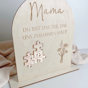 Schild Mutter Puzzle personalisierbar mit Namen Geschenk zum Muttertag Mama du bist das Teil, das uns zusammen hält aus Holz Rosé Gold 3 Teile