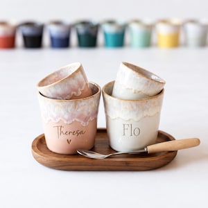 Tasse Namen o. Wunschtext personalisierbar, Geschenk mit Gravur, optional Tablett, Keramik in 11 Farben, Latte 200ml o. Espresso 70ml