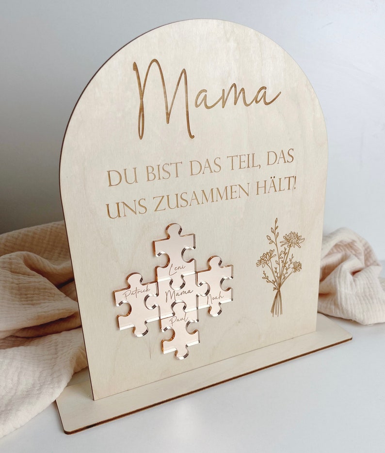 Schild Mutter Puzzle personalisierbar mit Namen Geschenk zum Muttertag Mama du bist das Teil, das uns zusammen hält aus Holz Rosé Gold Bild 10