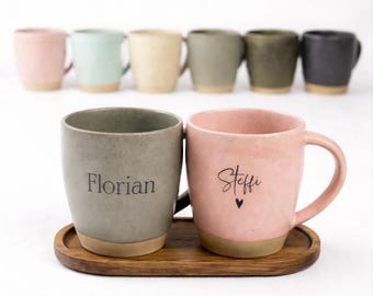 Gepersonaliseerde mok met naam, gravure voor cadeau, optioneel dienblad, handgemaakt keramiek in 6 kleuren, 440 ml