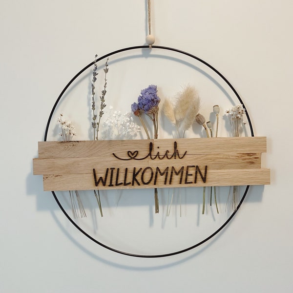 Türkranz Trockenblumen Herzlich Willkommen Willkommensschild Schild Kranz Holz Metall 30cm Gravur Ring Türschild Lagurus Lavendel Mohn