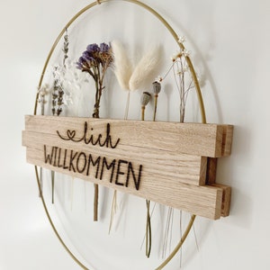 Türkranz Trockenblumen Herzlich Willkommen Willkommensschild Schild Kranz Holz Metall 30cm Gravur Ring Türschild Lagurus Lavendel Mohn Bild 8