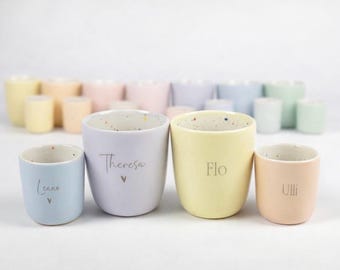 Tazza pastello personalizzata con nome e pois, incisione, vassoio opzionale, ceramica in 6 colori, latte 250 ml o espresso 70 ml, portauovo