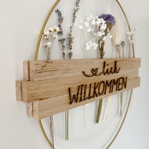 Türkranz Trockenblumen Herzlich Willkommen Willkommensschild Schild Kranz Holz Metall 30cm Gravur Ring Türschild Lagurus Lavendel Mohn Bild 7