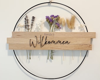 Türkranz Herzlich Willkommen Trockenblumen in 3D Effekt - Willkommensschild Schild Kranz Holz & Acryl 30cm mit Gravur