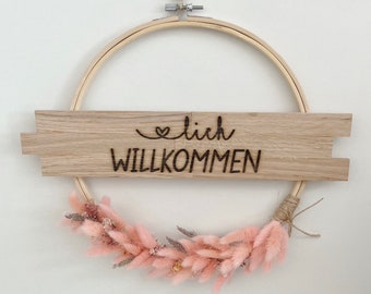 Door wreath Welcome with embroidery frame pink dried flowers made of wood with engraving
