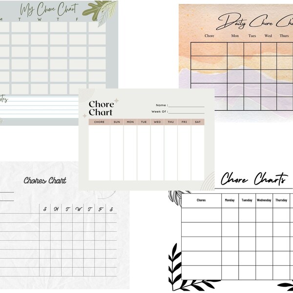 Chore chart combo digital print pdf, 5 templates