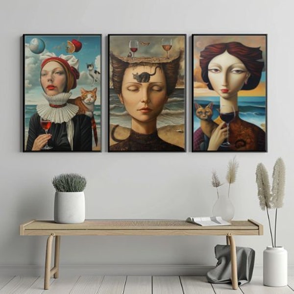Mujeres & Gatos (x3) arte surrealista de pared, cuadro artistico para decorar, arte creativo, para DESCARGAR e IMPRIMIR, pintura vintage
