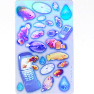 Frutiger Aero Style Holo Sticker Bogen - Handgemacht - Holografisch Vinyl Niedlicher Clown Fisch Flip Handys CDs Y2K Inspiriert Aufkleber Nostalgie Kern