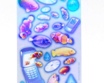 Frutiger Aero Style Holo Sticker Sheet - Hand Made - Holographic Vinyl Cute Clown Fish Flip Phones CDs Y2K Inspired Stickers Nostalgia Core