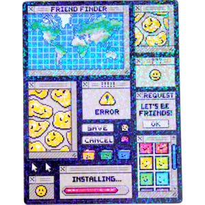 Può includere: Uno schermo di computer pixelato con uno schema di colori blu e verde. Lo schermo mostra una mappa del mondo, un'emoticon sorridente e il testo "FRIEND FINDER", "REQUEST", "LET'S BE FRIENDS!", "ERROR", "SAVE", "CANCEL" e "INSTALLING...".