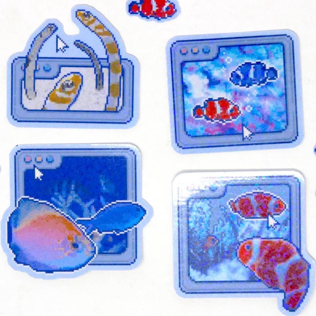Frutiger Aero Style Fish Holo Stickers - Holographic Vinyl Pixel Art Y2K/90s Computer Window Inspired Stickers (Nostalgia/Net-Core!)