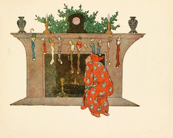 Lámina navideña vintage para papá / Calcetines junto a la chimenea, 1912 / Decoración navideña acogedora para la pared / Ilustración de Papá Noel en Nochebuena