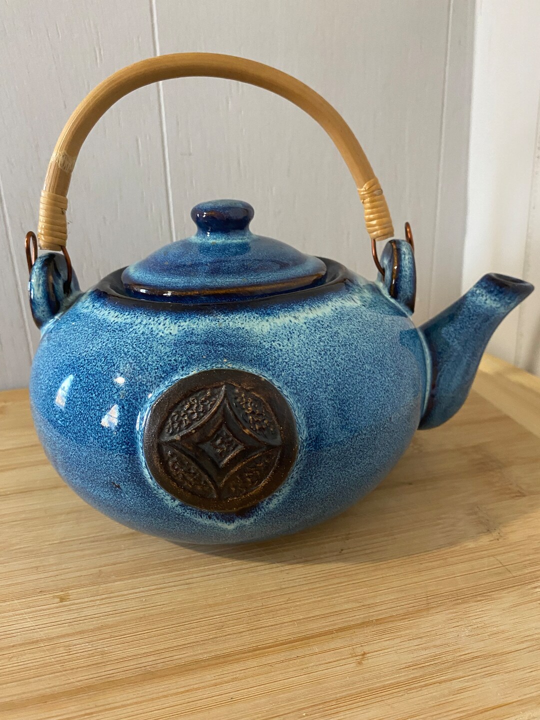 Blue Decorative Ceramic Teapot With Bamboo Handle Marked WCL Etsy
