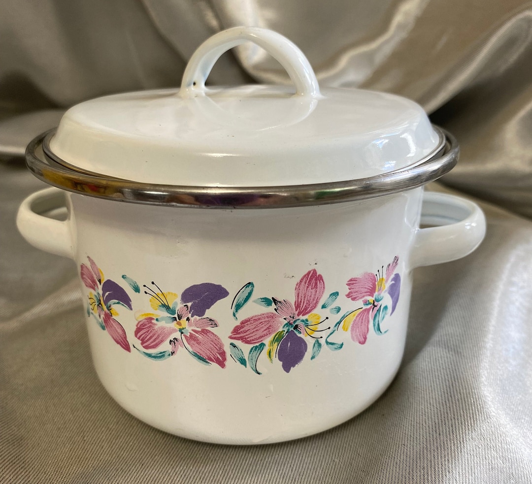 Small Enamelware Pot With Handles and Lid White With Flowers Etsy