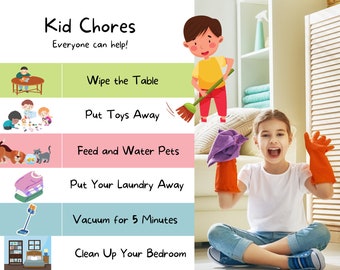 May include: A colorful chart with illustrations of children doing chores. The chart lists chores such as "Wipe the Table", "Put Toys Away", "Feed and Water Pets", "Put Your Laundry Away", "Vacuum for 5 Minutes", and "Clean Up Your Bedroom".