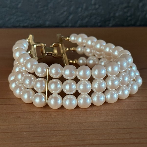 Vintage Signed Richelieu Three Strand Champagne Pearl Bracelet with Gold toned Clasp