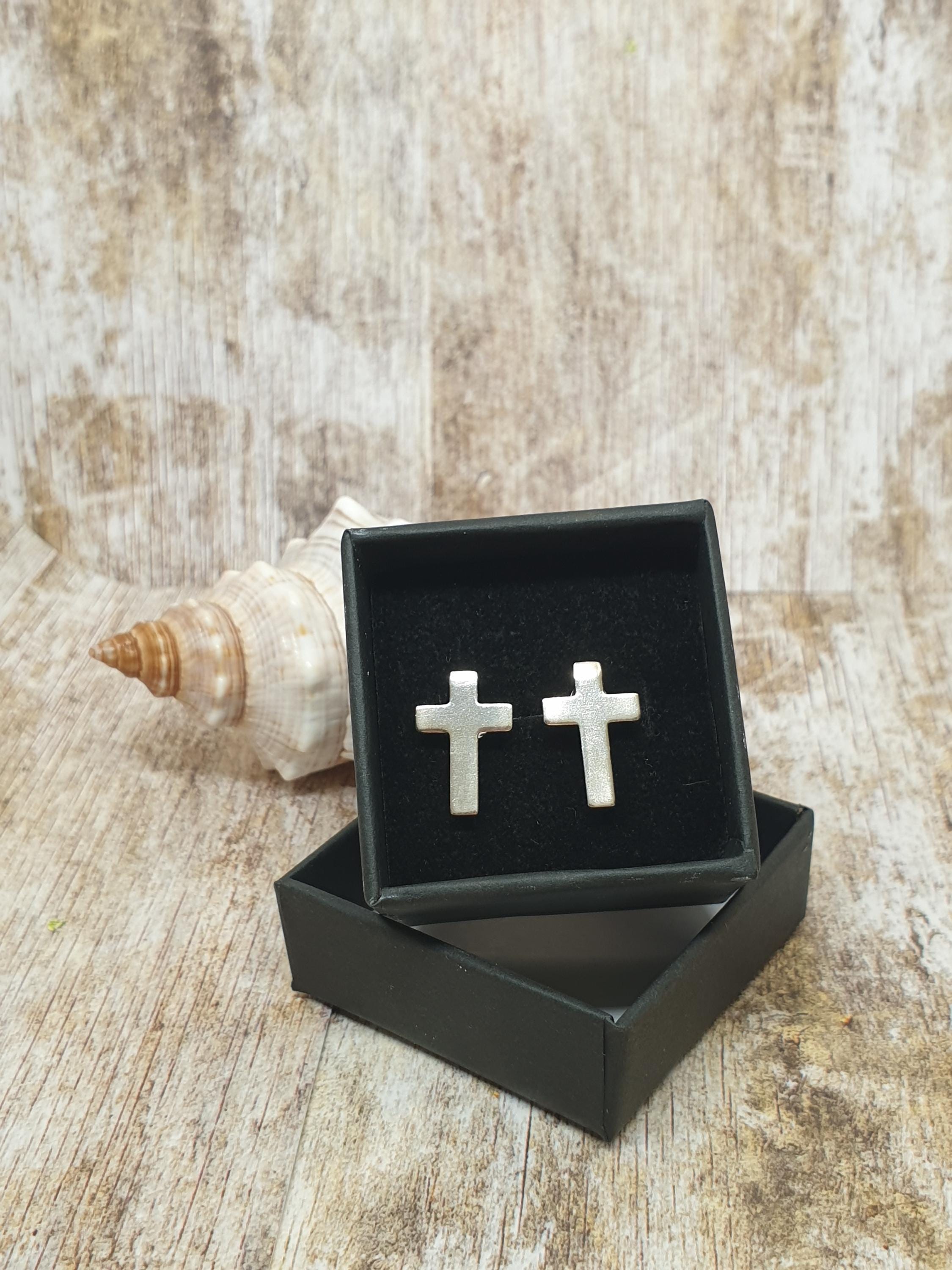 Finrezio Orecchini a Bottone Con Croce in Argento Sterling 925 per Donna Orecchini a Bottone Con Croce Piccola in Cristallo Austriaco Placcato oro 14k