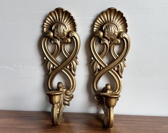 Vintage Barock Rokoko Gold Kunstharz Kerzenständer Wandleuchter