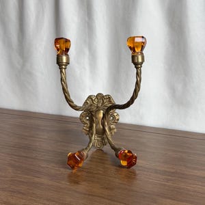 Vintage Brass Decorative Wall Hook 4 Faceted Amber Colored Glass Knobs