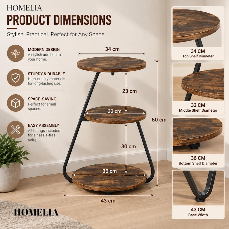 May include: A three-tier round side table with a dark wood grain finish and black metal frame. The table stands 60 cm tall with a 43 cm base width. Shelves measure 34 cm, 32 cm, and 36 cm in diameter, with 23 cm and 30 cm vertical spacing.