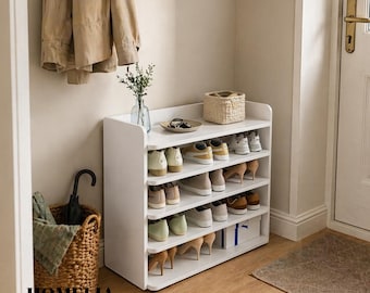 White Hallway Shoe Rack, Multi-Tier Wooden Storage, Small Spaces, 5, 6 or 7 Tier