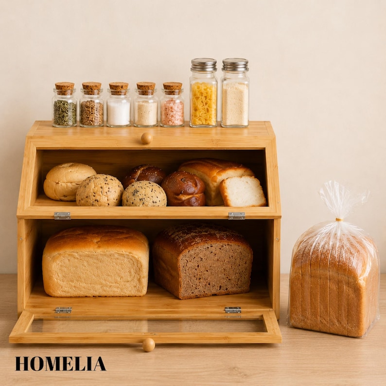 May include: A wooden bread bin with a glass door, containing different loaves and rolls. Small glass jars with cork and metal lids hold spices. A loaf of sliced bread is in a plastic bag. The word "HOMELIA" is at the bottom.