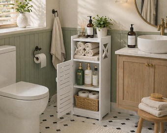 Slim Bathroom Storage Cabinet, Narrow Toilet Organizer with Shelves for Small Spaces UK