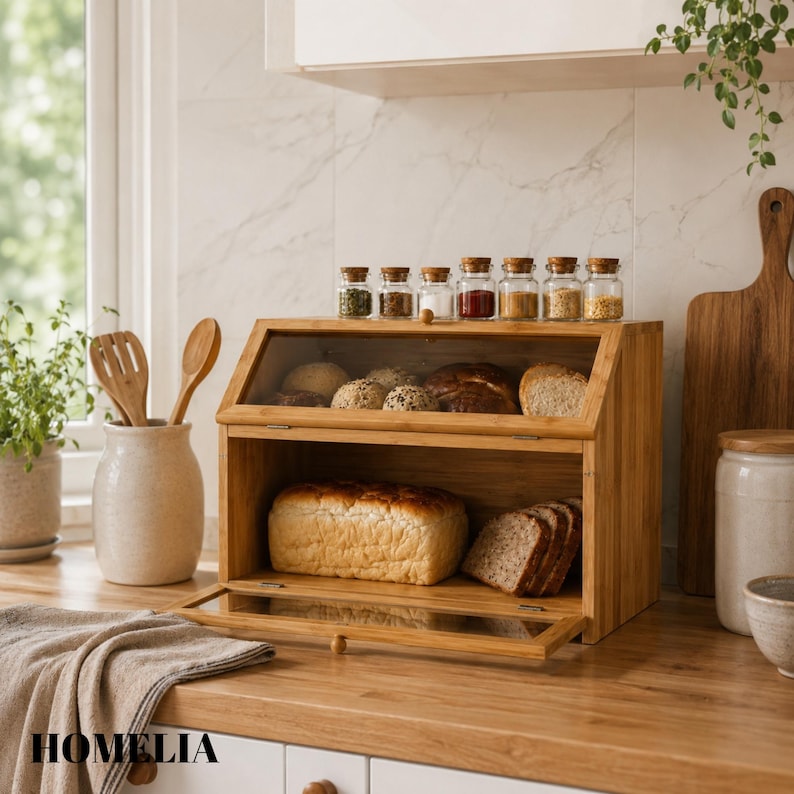 May include: A wooden bread bin with a glass door, containing different loaves of bread. The bin is on a wooden worktop, with spice jars on top. The word "HOMELIA" is visible on the counter.