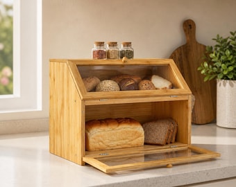 Rustic Bread Bin with Window, 2 Compartment Bamboo Kitchen Storage, Countertop Organiser UK