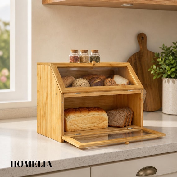 Rustic Bread Box with Window | Wooden Kitchen Storage, Countertop Organizer