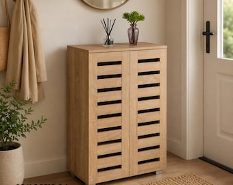 Oak Shoe Cabinet 2 Door Slatted Wooden Storage Cupboard, Hallway Shoe Rack Stand