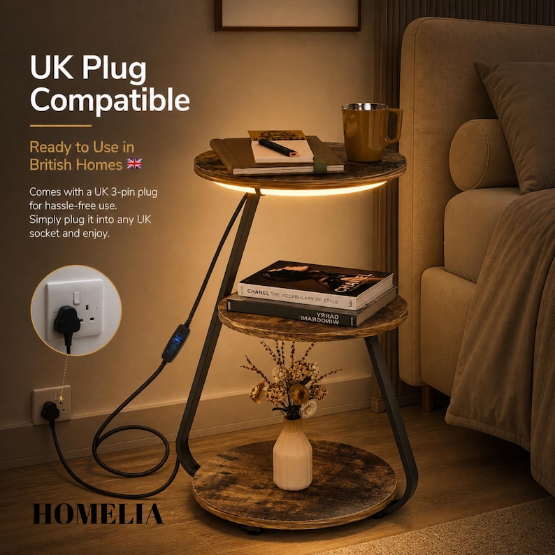 May include: A three-tier round side table with a dark wood grain finish and black metal frame. The top tier features an integrated LED light strip. The table includes a power cord with a UK 3-pin plug and a small controller. Text reads UK Plug Compatible.