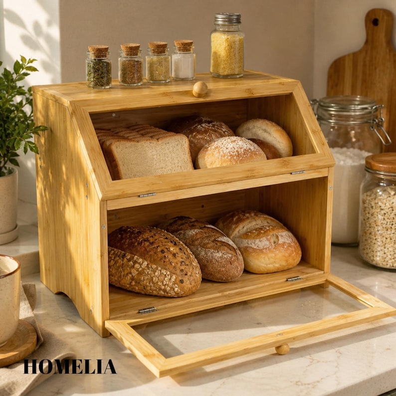 May include: A wooden bread bin with a glass door, containing different types of bread. The top shelf has sliced bread and rolls, and the bottom shelf has whole loaves. Small glass jars of spices are on top. The word "HOMELIA" is visible.
