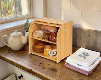 Bamboo Bread Bin, Kitchen Countertop Storage Box, Loaf Pastry Roll Bakery Food Organizer UK