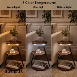 May include: A three-tier round side table with a dark wood grain finish and black metal frame. The table features integrated LED lighting under the top shelf, displaying three colour temperatures: Warm Light, Cool Light, and Natural Light.