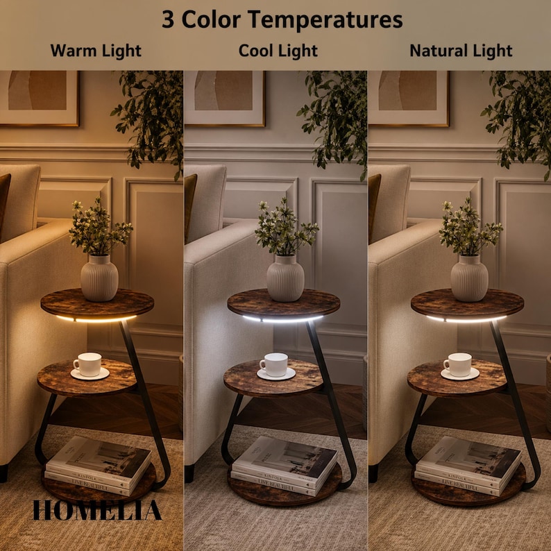 May include: A three-tier round side table with a dark wood grain finish and black metal frame. The table features integrated LED lighting under the top shelf, displaying three colour temperatures: Warm Light, Cool Light, and Natural Light.