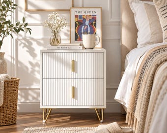 White Gold Bedside Table 2 Drawer | Fluted Ribbed Nightstand Gold Hairpin Legs