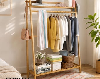 Bamboo Clothes Rail with Shelves | Freestanding Garment Rack Shoe Storage