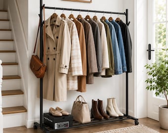 Heavy Duty Clothes Rail on Wheels | Freestanding Garment Rack Bottom Shelf 4 Hooks