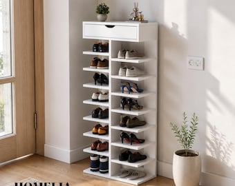 Narrow Shoe Rack with Cupboard, Vertical Storage Organizer for Entryway Hallway Small Spaces UK
