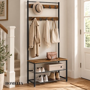 May include: A tall hall tree with a black metal frame and rustic brown wood accents. It features a top shelf with hooks for a hat, coat, scarf, and bag, a bench seat, and two lower wire mesh shelves holding a storage box and four pairs of trainers.